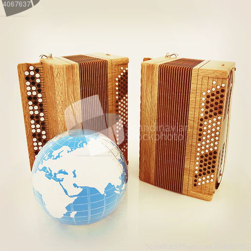 Image of Musical instruments - retro bayans and Earth. 3D illustration. V