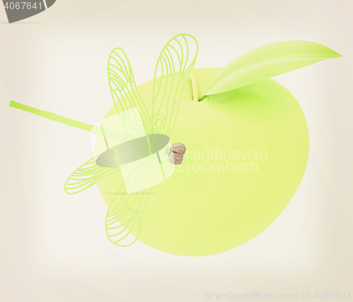 Image of Dragonfly on apple. 3D illustration. Vintage style.