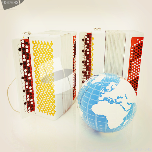 Image of Musical instruments - bayans and Earth. Global musical concept. 