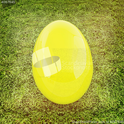 Image of Big Easter Egg on a green grass. 3D illustration. Vintage style.