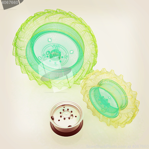 Image of tractor wheels. 3D illustration. Vintage style.