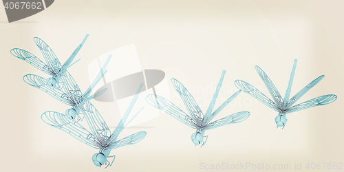 Image of Dragonflies. 3D illustration. Vintage style.