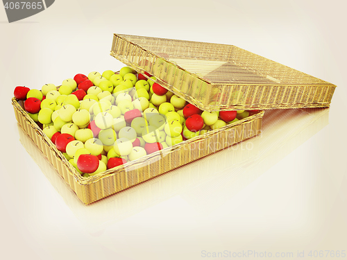 Image of Wicker basket full of apples isolated on white. 3D illustration.