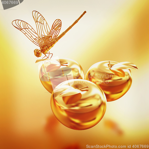 Image of Dragonfly on gold apples. 3D illustration. Vintage style.