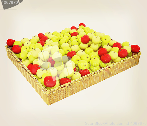 Image of Wicker basket full of apples isolated on white. 3D illustration.