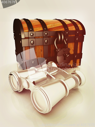 Image of binoculars and chest. 3D illustration. Vintage style.