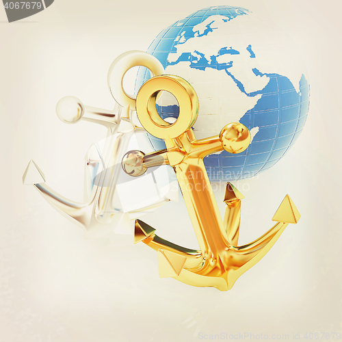 Image of anchors and Earth. 3D illustration. Vintage style.
