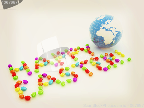 Image of Easter eggs as a \"Happy Easter\" greeting and Earth on white back