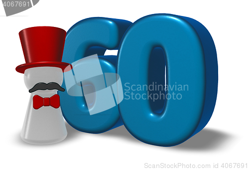 Image of number sixty and pawn with hat and beard - 3d rendering