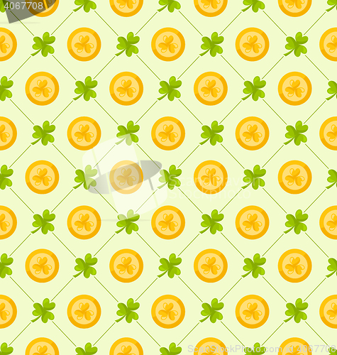 Image of Seamless Pattern with Clovers and Golden Coins for St. Patricks