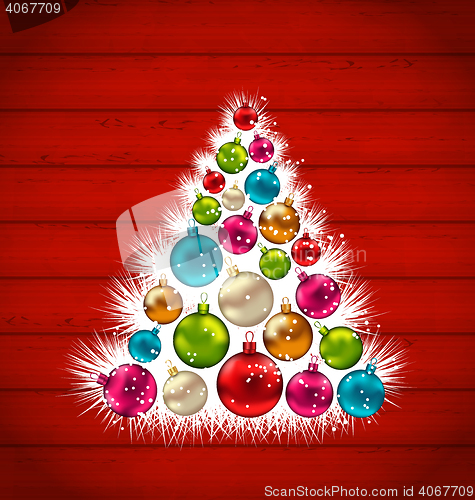 Image of Abstract Christmas tree and colorful balls on wooden background