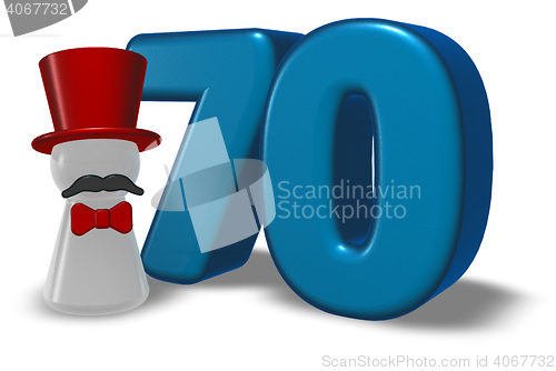 Image of number seventy and pawn with hat and beard - 3d rendering