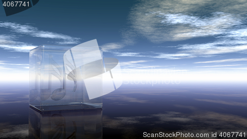 Image of clef in glass cube under cloudy sky - 3d rendering