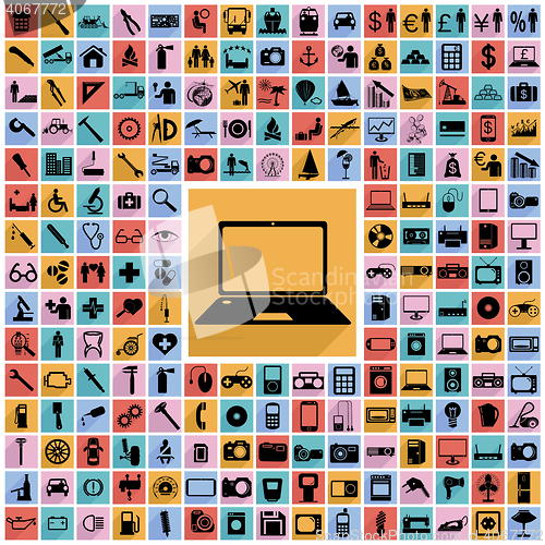 Image of Collection flat icons with long shadow. Multimedia symbols. 