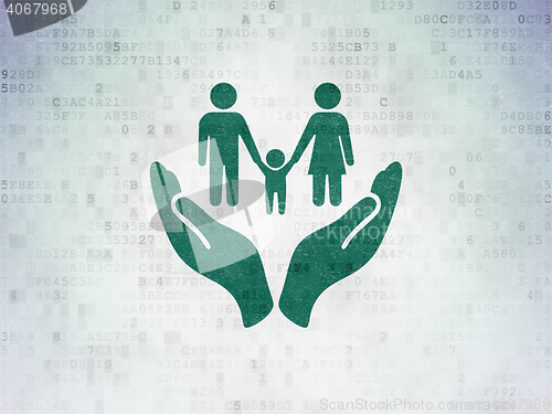 Image of Insurance concept: Family And Palm on Digital Data Paper background