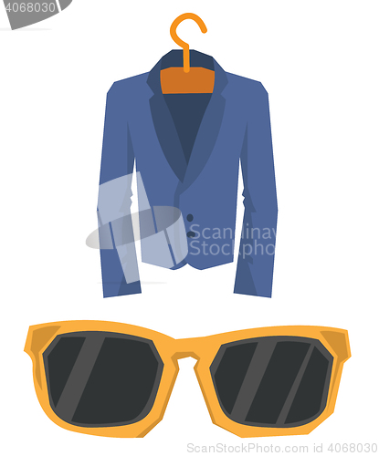 Image of Suit on hanger and sunglasses vector illustration.
