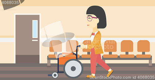 Image of Woman pushing wheelchair vector illustration.