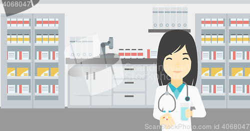 Image of Pharmacist giving pills and glass of water.