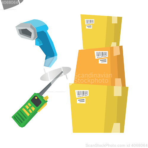 Image of Cardboard boxes, barcode scanner and radio set.