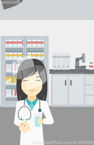 Image of Pharmacist giving pills and glass of water.