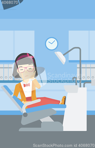 Image of Woman suffering in dental chair.