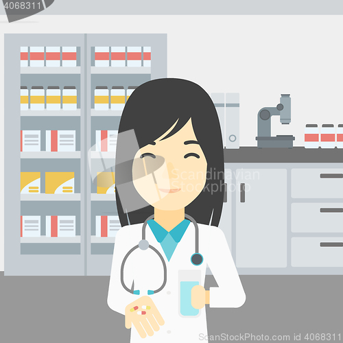 Image of Pharmacist giving pills and glass of water.