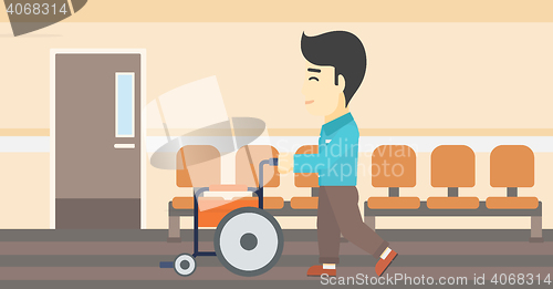 Image of Man pushing wheelchair vector illustration.