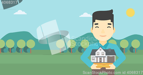 Image of Man holding house model vector illustration.