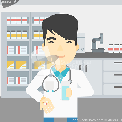 Image of Pharmacist giving pills and glass of water.