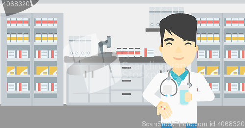 Image of Pharmacist giving pills and glass of water.