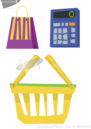 Image of Calculator, shopping basket and bag.