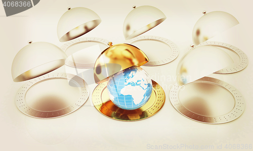Image of Serving dome or Cloche and Earth. 3D illustration. Vintage style