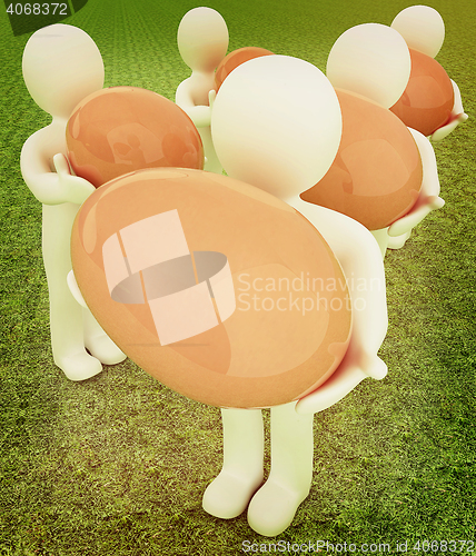 Image of 3d small persons holds the big Easter egg in a hand. 3d image. O