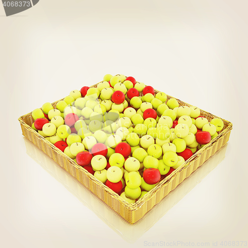 Image of Wicker basket full of apples isolated on white. 3D illustration.