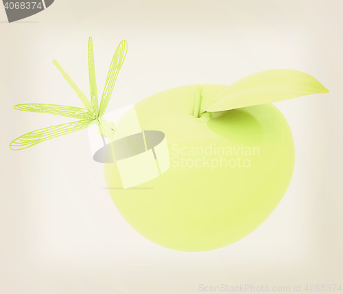 Image of Dragonfly on apple. 3D illustration. Vintage style.