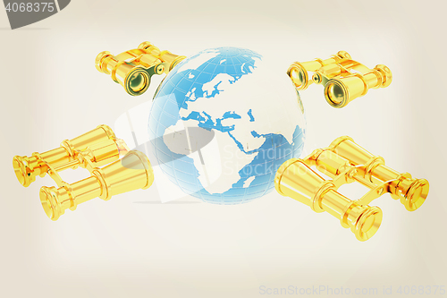 Image of binoculars around earth. 3D illustration. Vintage style.