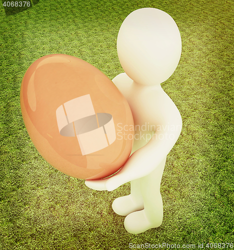 Image of 3d small person holds the big Easter egg in a hand. 3d image. On