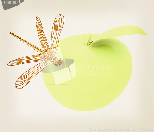 Image of Dragonfly on apple. 3D illustration. Vintage style.