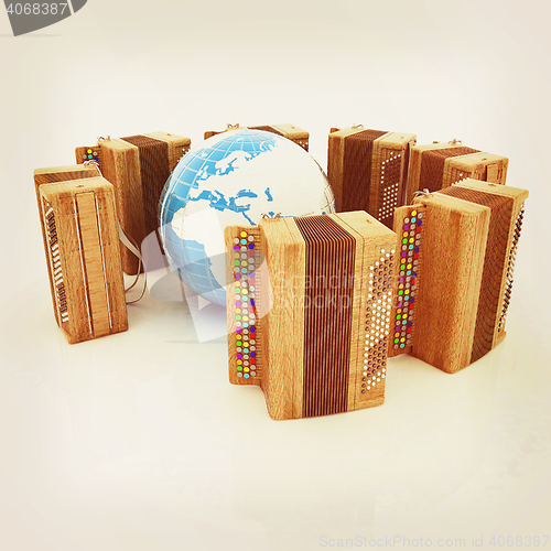 Image of Musical instruments - retro bayans and Earth. 3D illustration. V