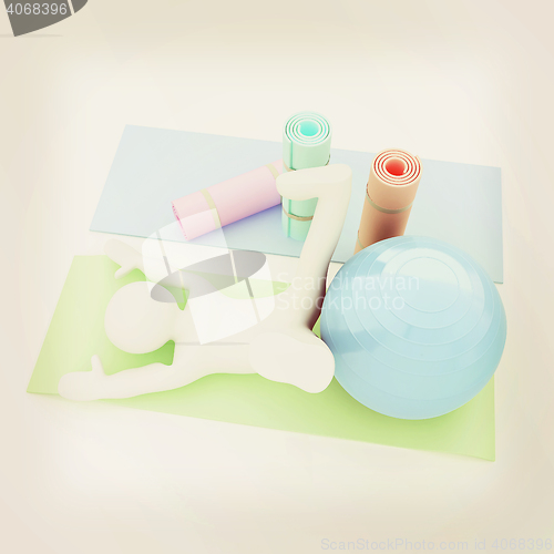 Image of 3d man on a karemat with fitness ball. 3D illustration. 3D illus