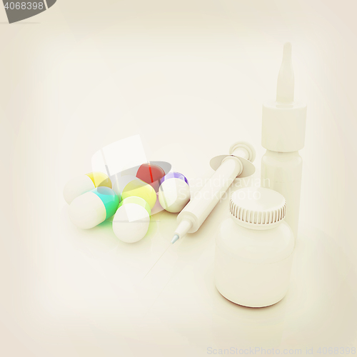 Image of Syringe, tablet, pill jar. 3D illustration. 3D illustration. Vin