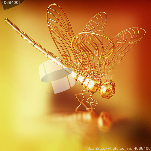Image of Gold dragonfly on a gold background. 3D illustration. Vintage st
