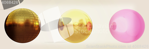 Image of set of all metal cubes of gold, black gold, pink plastic. 3D ill