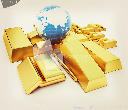 Image of Earth and gold bars. 3D illustration. Vintage style.