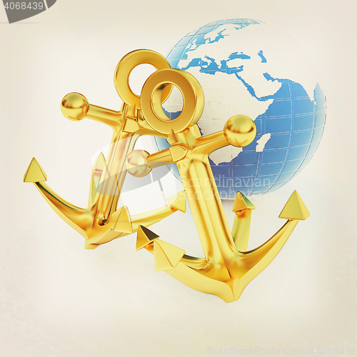 Image of Gold anchors and Earth. 3D illustration. Vintage style.