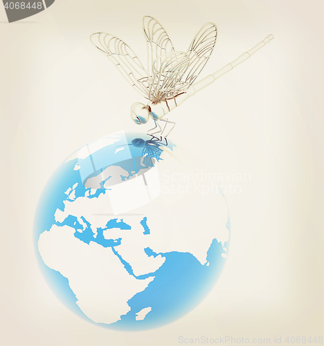 Image of Dragonfly on earth. 3D illustration. Vintage style.