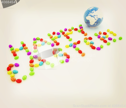 Image of Easter eggs as a \"Happy Easter\" greeting and Earth on white back