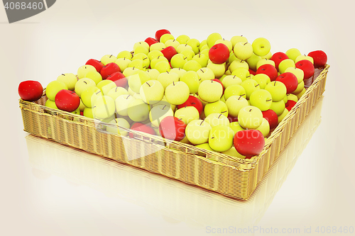 Image of Wicker basket full of apples isolated on white. 3D illustration.