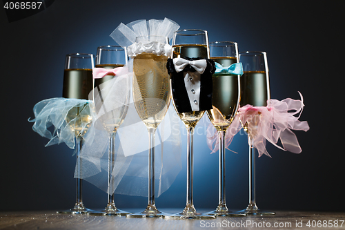 Image of Set of champagne glasses for wedding party