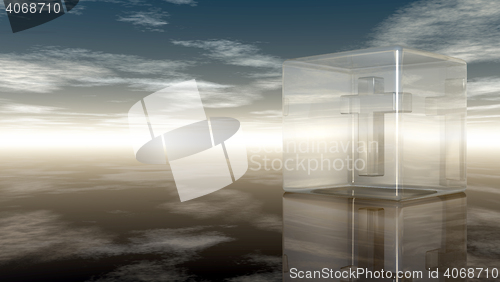 Image of christian cross in glass cube under cloudy sky - 3d rendering